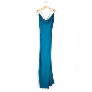 NWT L'Academie Olena Cowl Neck Maxi Dress Low Back Slit Turquoise Blue Large